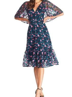 Dress the Population Teal Navy Floral Embroidered Midi Dress with Pink Accents